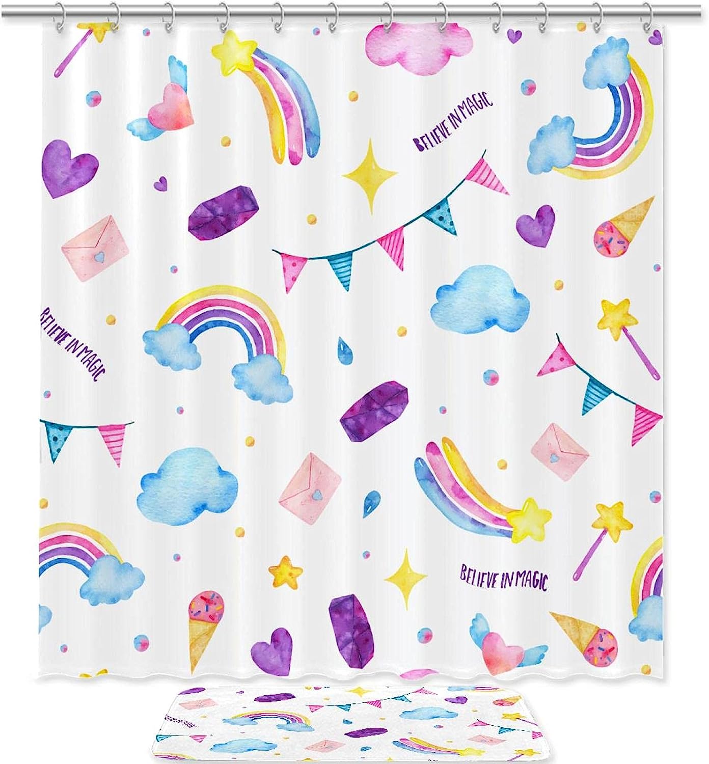 Cute Magic Unicorn Ice Cream Wand Clouds Unique Shower Curtain For Playful And Whimsical Bathroom Decor