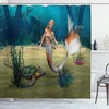Cute Mermaid And Turtle Fantasy World In Ocean Design Fabric Shower Curtain For Dreamy And Artistic Bathroom Decor
