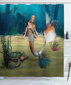 Cute Mermaid And Turtle Fantasy World In Ocean Design Fabric Shower Curtain For Dreamy And Artistic Bathroom Decor