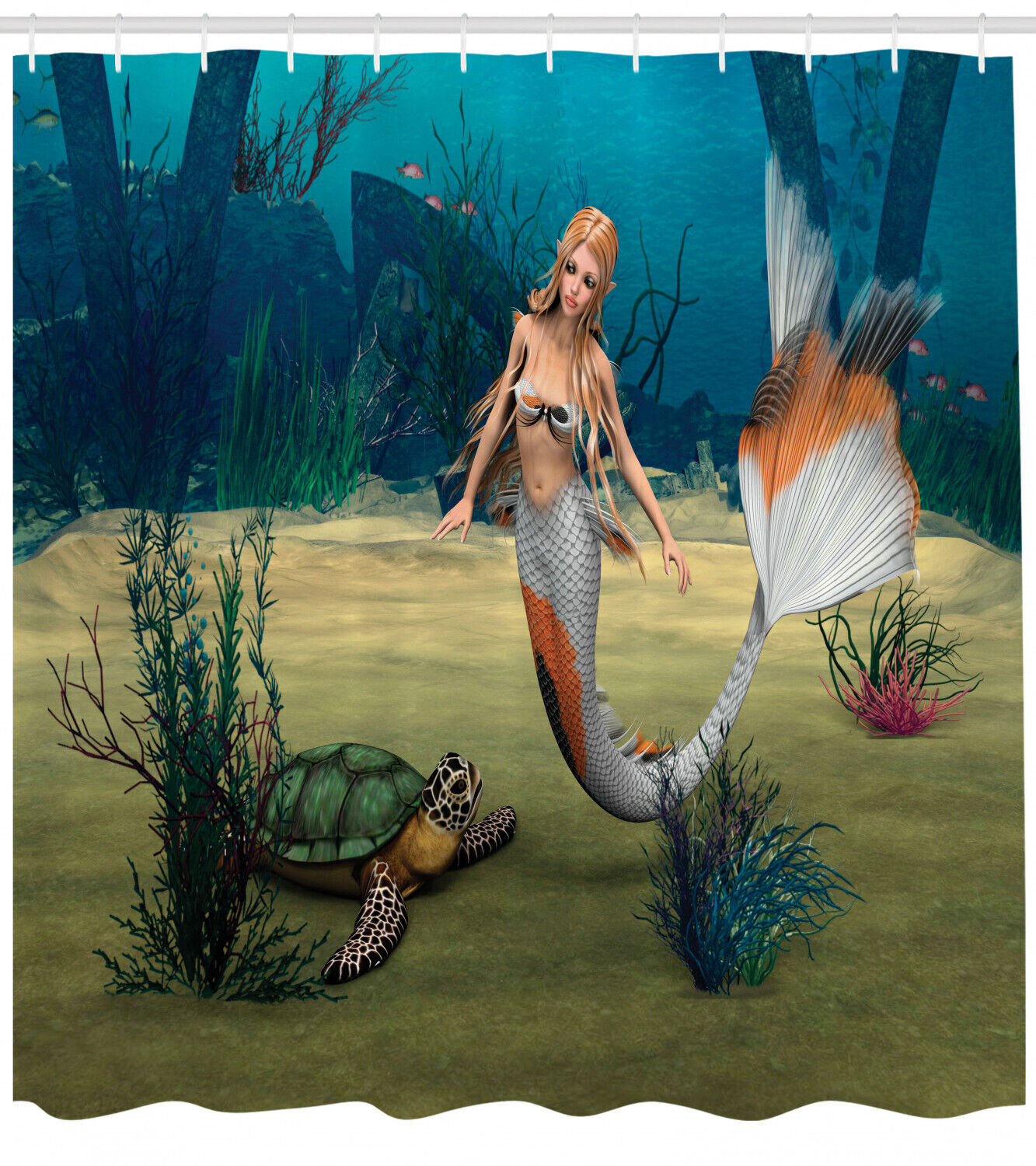 Cute Mermaid And Turtle Fantasy World In Ocean Design Fabric Shower Curtain For Dreamy And Artistic Bathroom Decor - Image 2