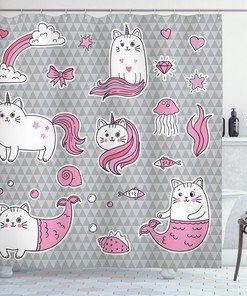 Cute Mermaid Cat Print Unicorn Shower Curtain for Your Bathroom 