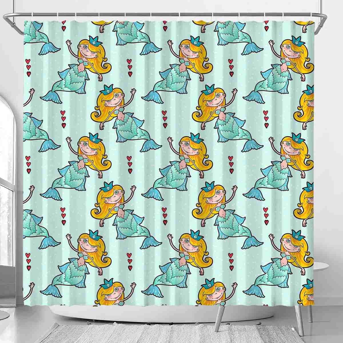 Cute Mermaid Girl Pattern Shower Curtain, Decorative Bathroom Curtain with Princess Theme and VISALUNA Keyword
