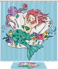 Cute Mermaid Inside A Ostyer Flowers Octopus Photo Print Shower Curtain For Underwater-Themed Bathroom Decor