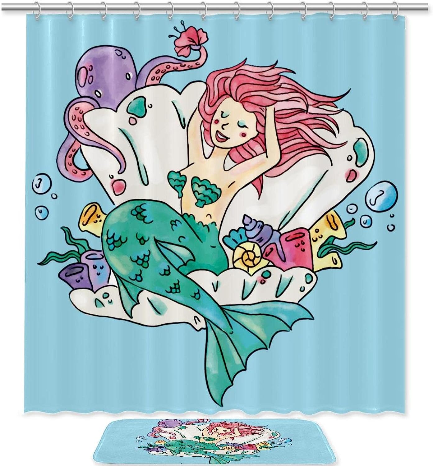 Cute Mermaid Inside A Ostyer Flowers Octopus Photo Print Shower Curtain For Underwater-Themed Bathroom Decor