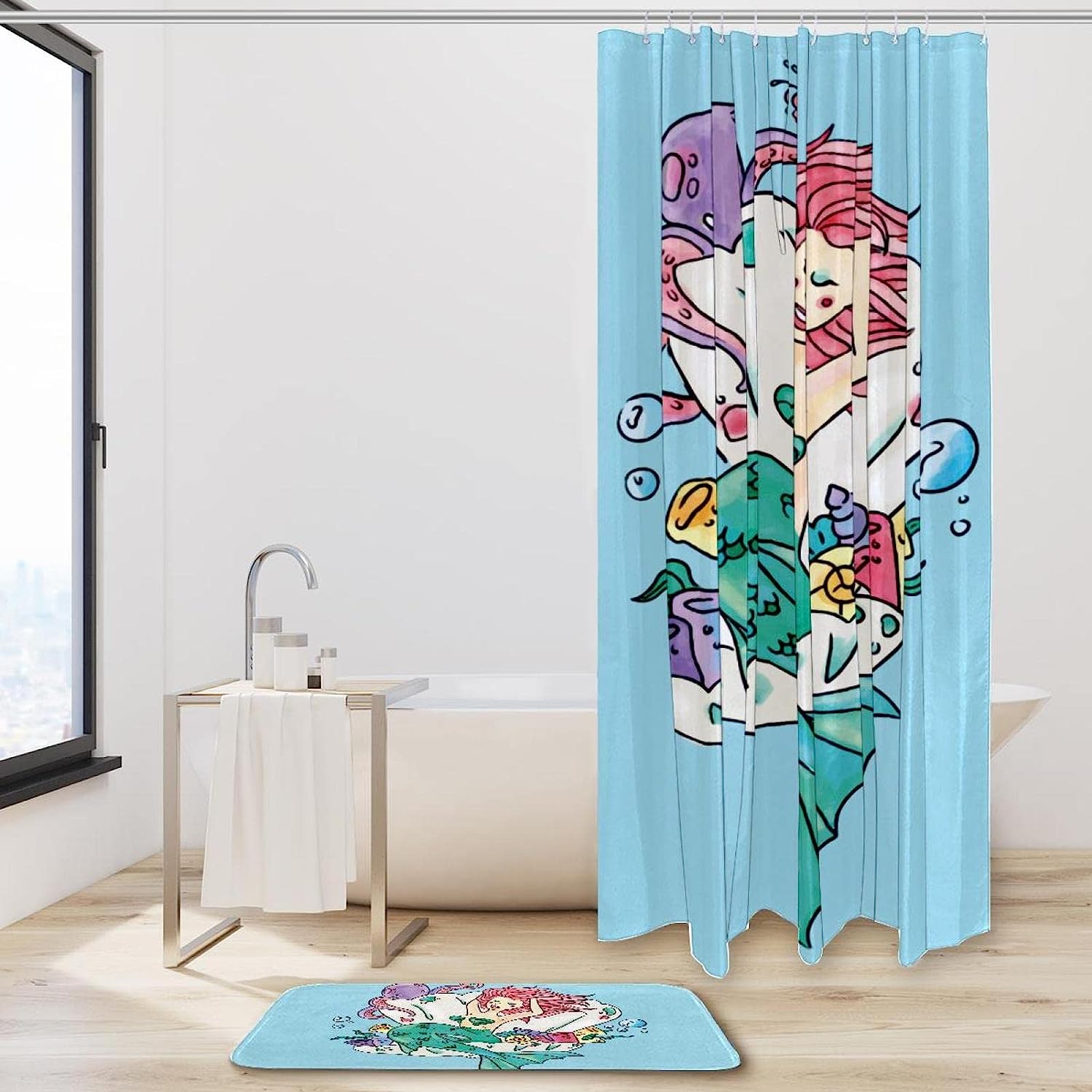 Cute Mermaid Inside A Ostyer Flowers Octopus Photo Print Shower Curtain For Underwater-Themed Bathroom Decor - Image 2