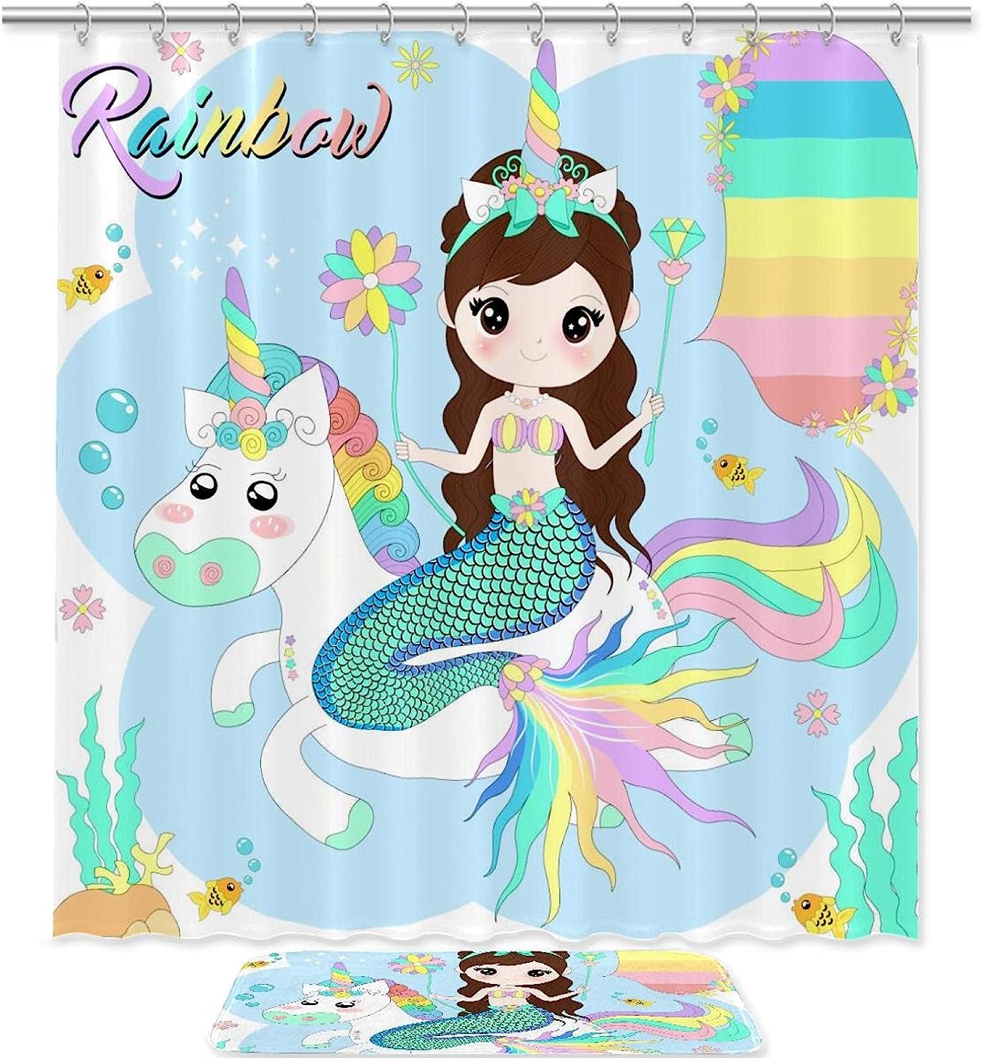 Cute Mermaid Riding A Unicorn Luxury Shower Curtain For Fantasy-Themed Bathroom Decor