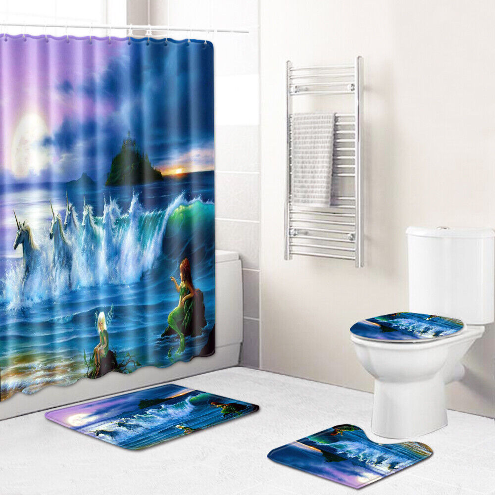 Cute Mermaid Unicorn Print Shower Curtain for Girls Bathroom
