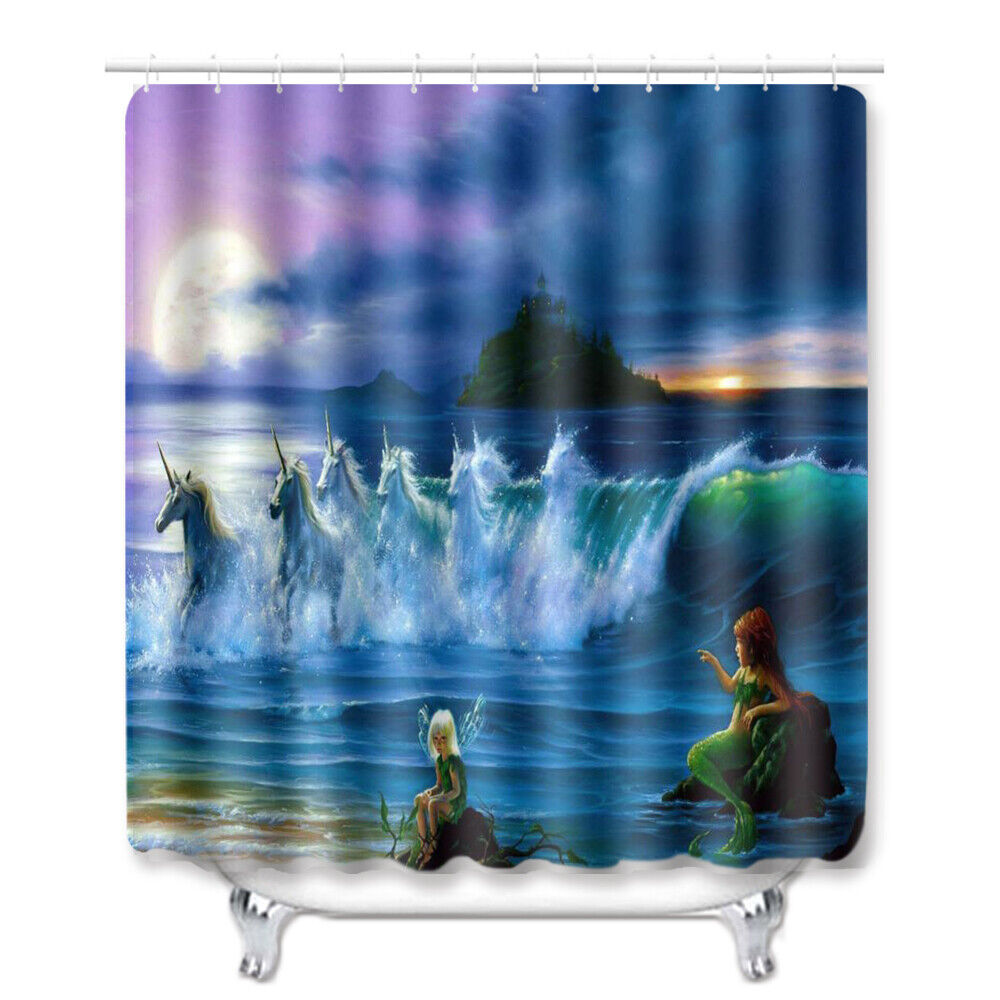 Cute Mermaid Unicorn Print Shower Curtain for Girls Bathroom