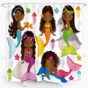 Cute Mermaid and Dolphin Shower Curtain for Kids Bathroom, Black Girls Cartoon Design with Colorful Fish and Starfish