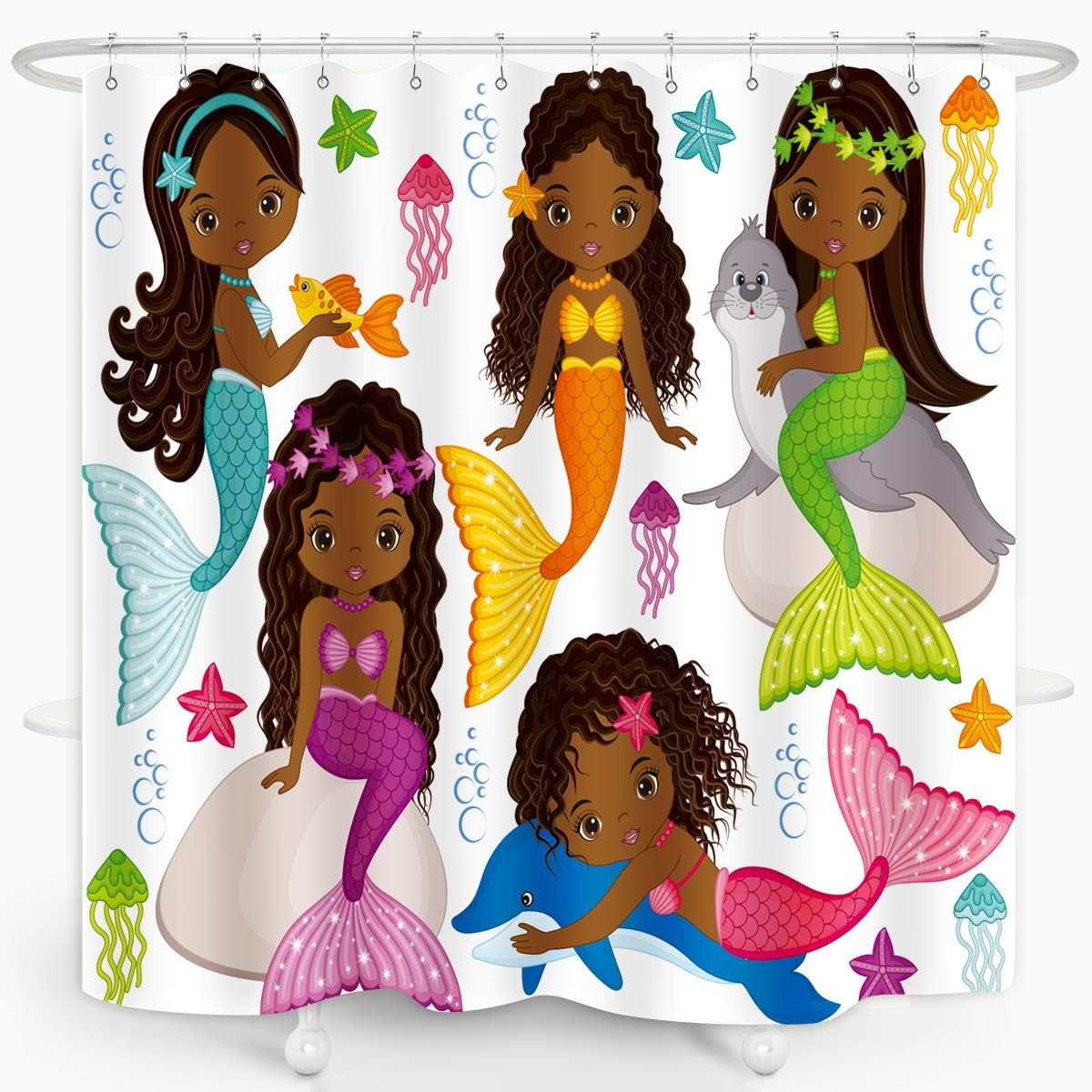 Cute Mermaid and Dolphin Shower Curtain for Kids Bathroom, Black Girls Cartoon Design with Colorful Fish and Starfish