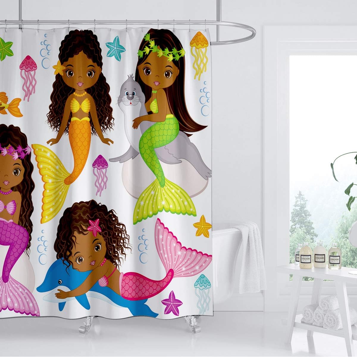 Cute Mermaid and Dolphin Shower Curtain for Kids Bathroom, Black Girls Cartoon Design with Colorful Fish and Starfish
