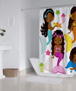 Cute Mermaid and Dolphin Shower Curtain for Kids Bathroom, Black Girls Cartoon Design with Colorful Fish and Starfish