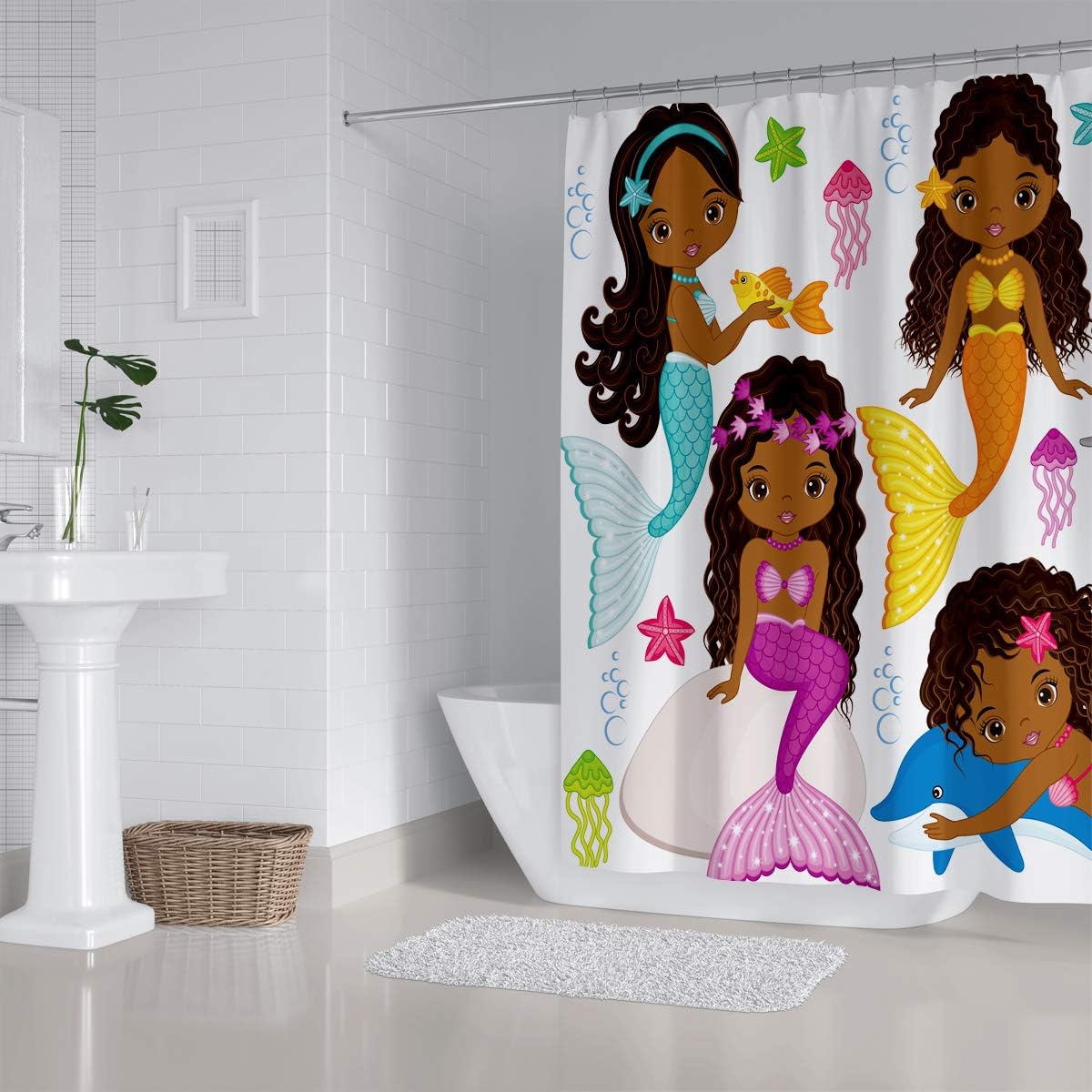 Cute Mermaid and Dolphin Shower Curtain for Kids Bathroom, Black Girls Cartoon Design with Colorful Fish and Starfish