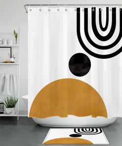 Cute Mid Century Shower Curtain With Minimalistic Curve Print, Perfect For Modern Bathroom Decor