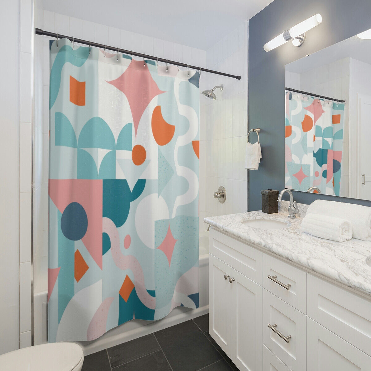 Cute Mod Mid Century Modern Shower Curtain with Geometric Design for a Playful Bathroom Dcor
