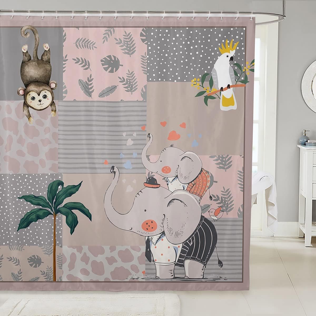 Cute Monkey Birds Cartoon Elephant Fabric Shower Curtain For Your Bathroom Stalls