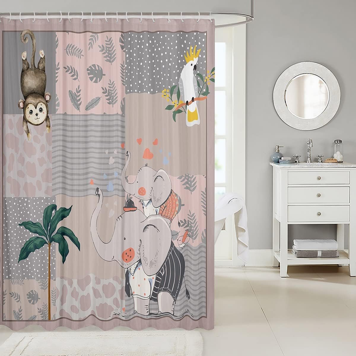 Cute Monkey Birds Cartoon Elephant Fabric Shower Curtain For Your Bathroom Stalls - Image 2