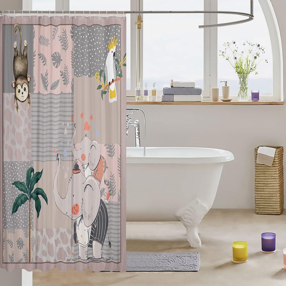 Cute Monkey Birds Cartoon Elephant Fabric Shower Curtain For Your Bathroom Stalls - Image 3