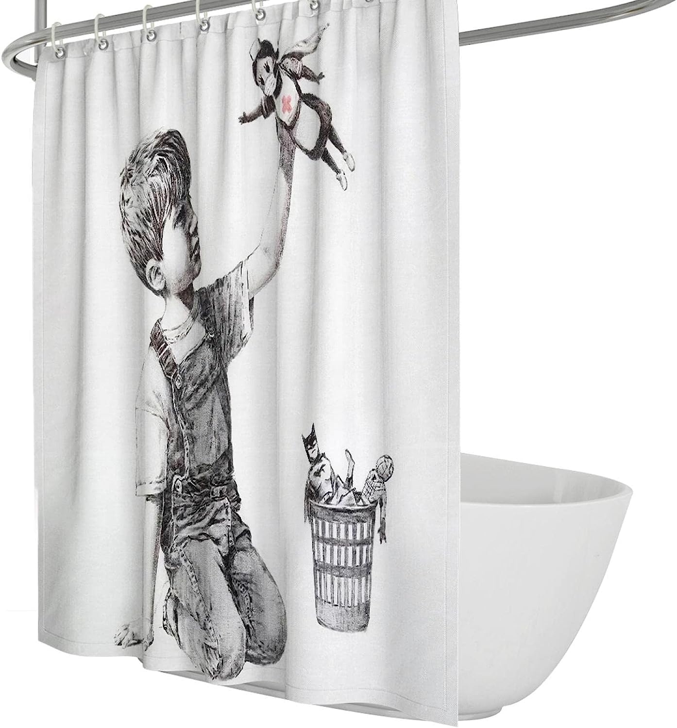 Cute Monkey Doll In Black And White Shower Curtain, Add Some Fun To Your Kids' Bathtub With This Easy-Care Design