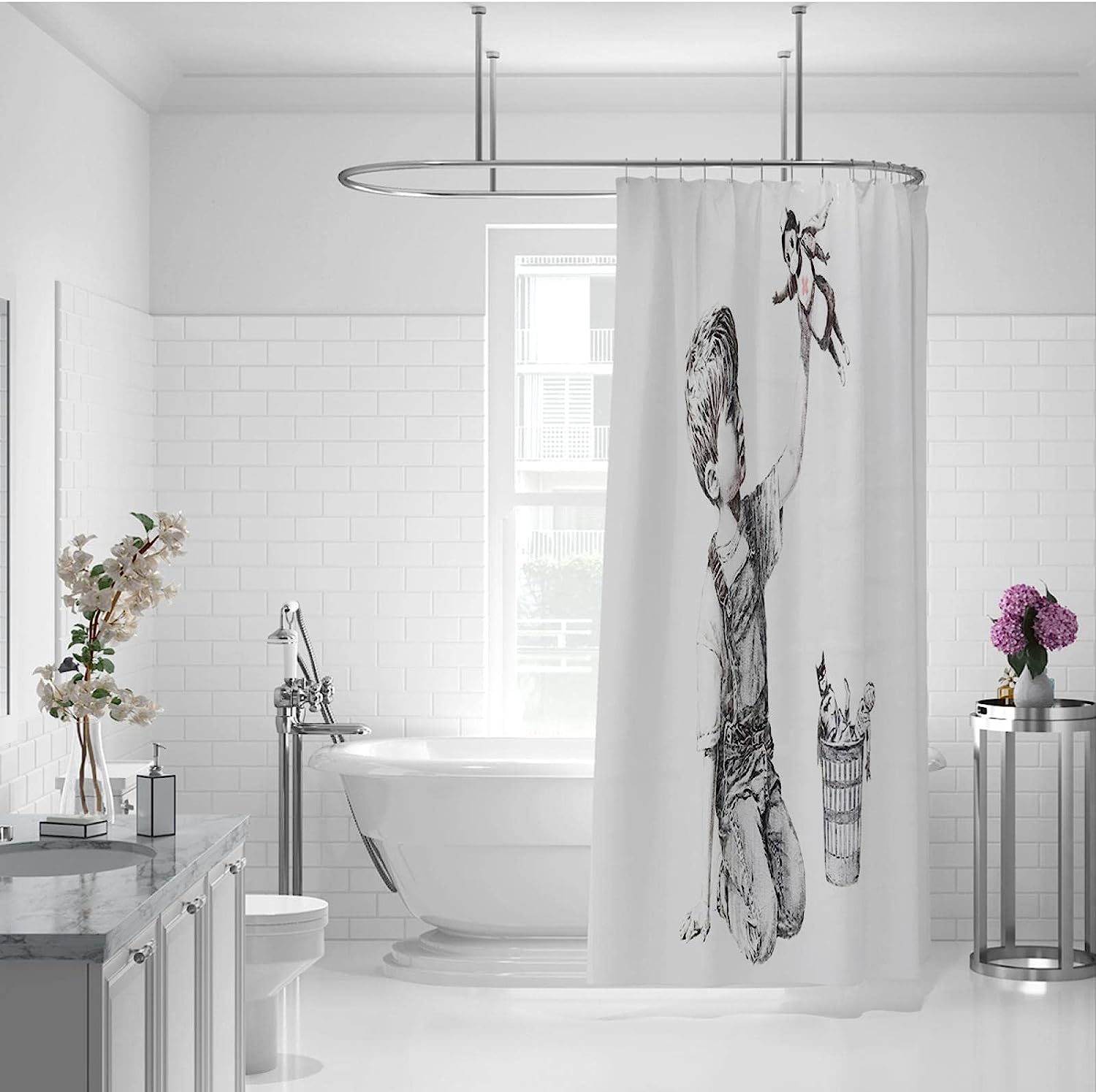 Cute Monkey Doll In Black And White Shower Curtain, Add Some Fun To Your Kids' Bathtub With This Easy-Care Design - Image 2