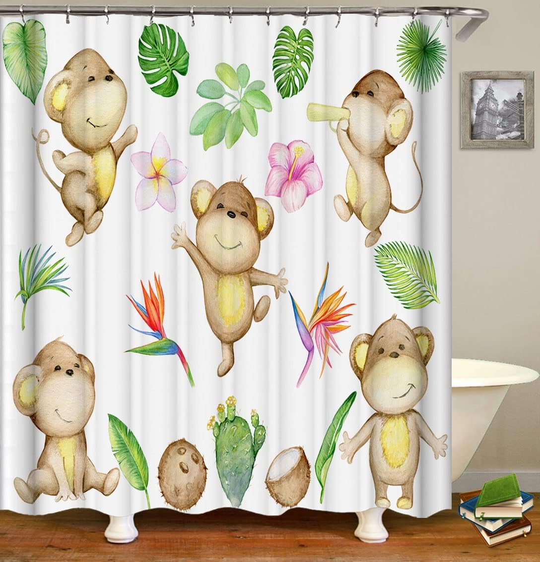 Cute Monkey Fabric Shower Curtain With Palm Leaf Cactus Bird Of Paradise Decoration Design