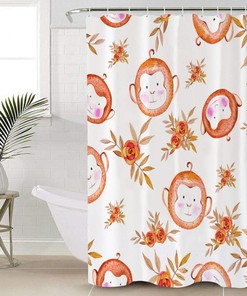 Cute Monkey Head Print Shower Curtain - Waterproof Bathroom Curtain Liner
