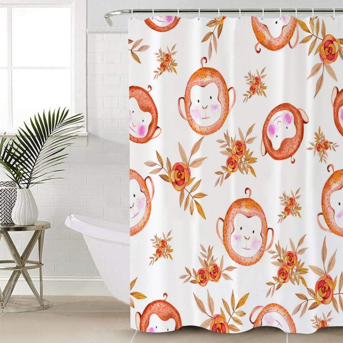 Cute Monkey Head Print Shower Curtain - Waterproof Bathroom Curtain Liner