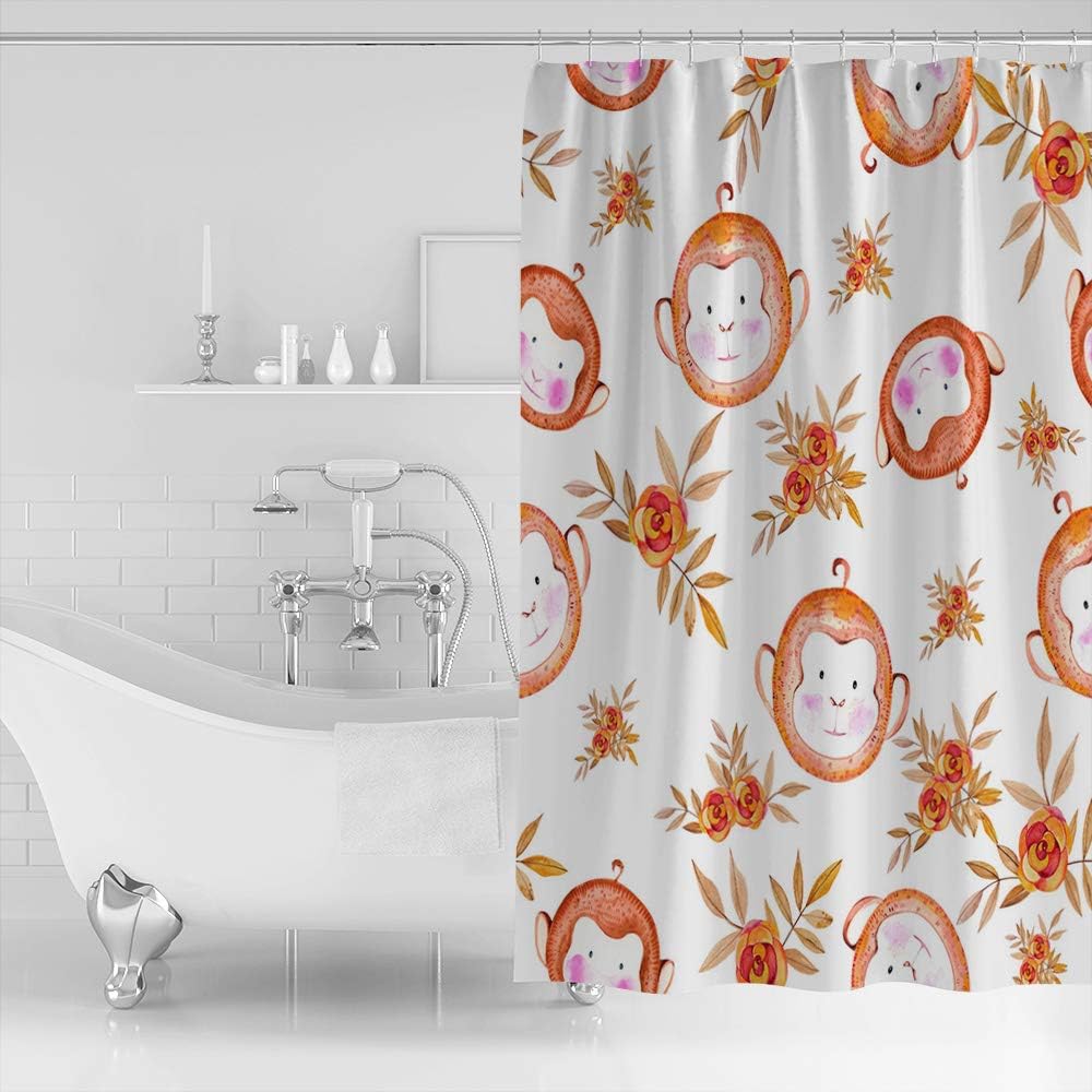 Cute Monkey Head Print Shower Curtain - Waterproof Bathroom Curtain Liner