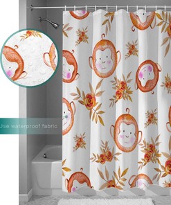 Cute Monkey Head Print Shower Curtain - Waterproof Bathroom Curtain Liner