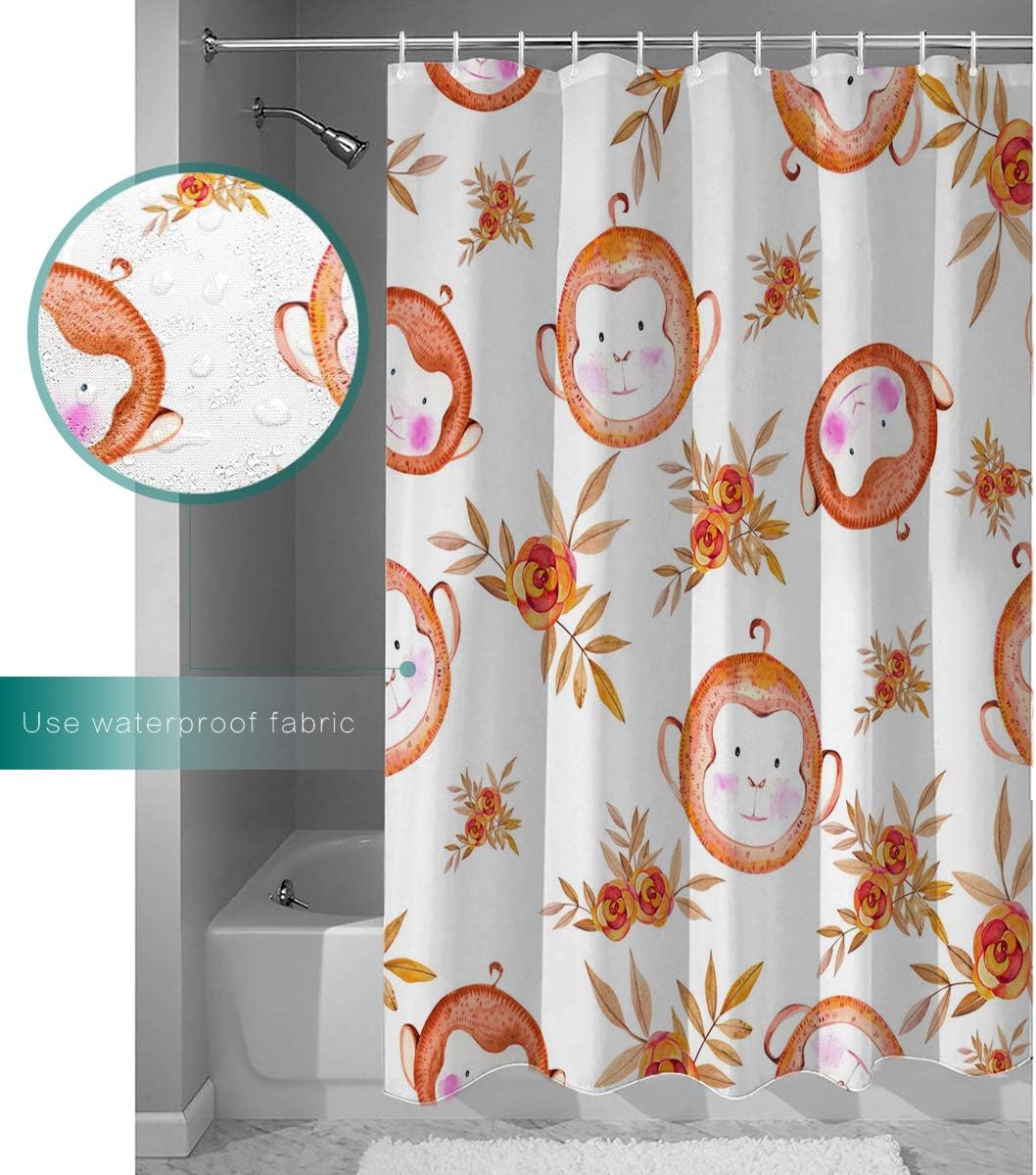Cute Monkey Head Print Shower Curtain - Waterproof Bathroom Curtain Liner