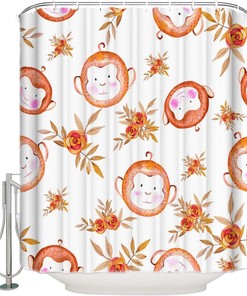 Cute Monkey Head Print Shower Curtain - Waterproof Bathroom Curtain Liner