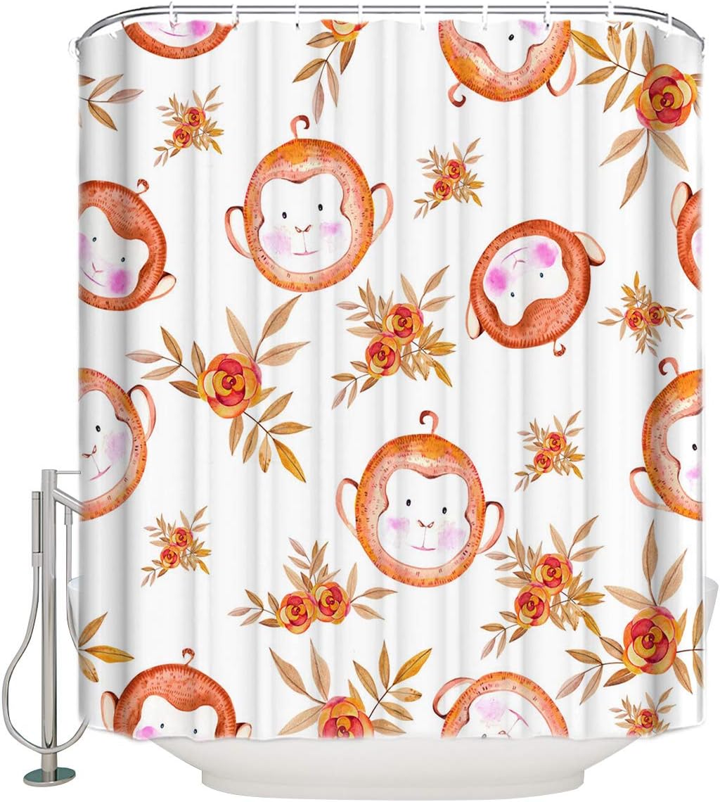 Cute Monkey Head Print Shower Curtain - Waterproof Bathroom Curtain Liner