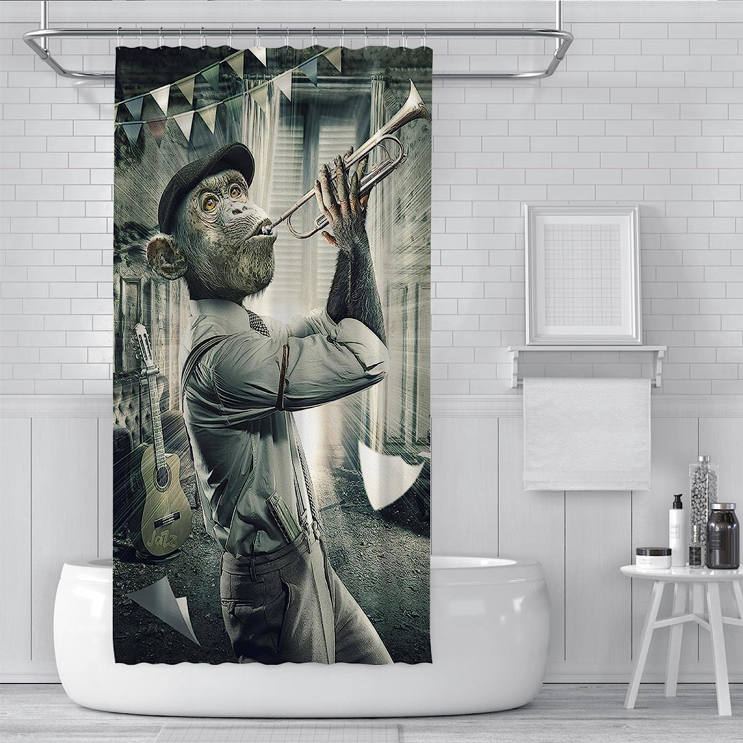 Cute Monkey Playing Instrument Shower Curtain For Kids' Bathrooms