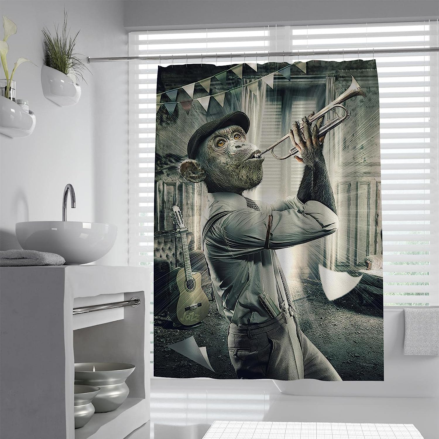 Cute Monkey Playing Instrument Shower Curtain For Kids' Bathrooms - Image 2