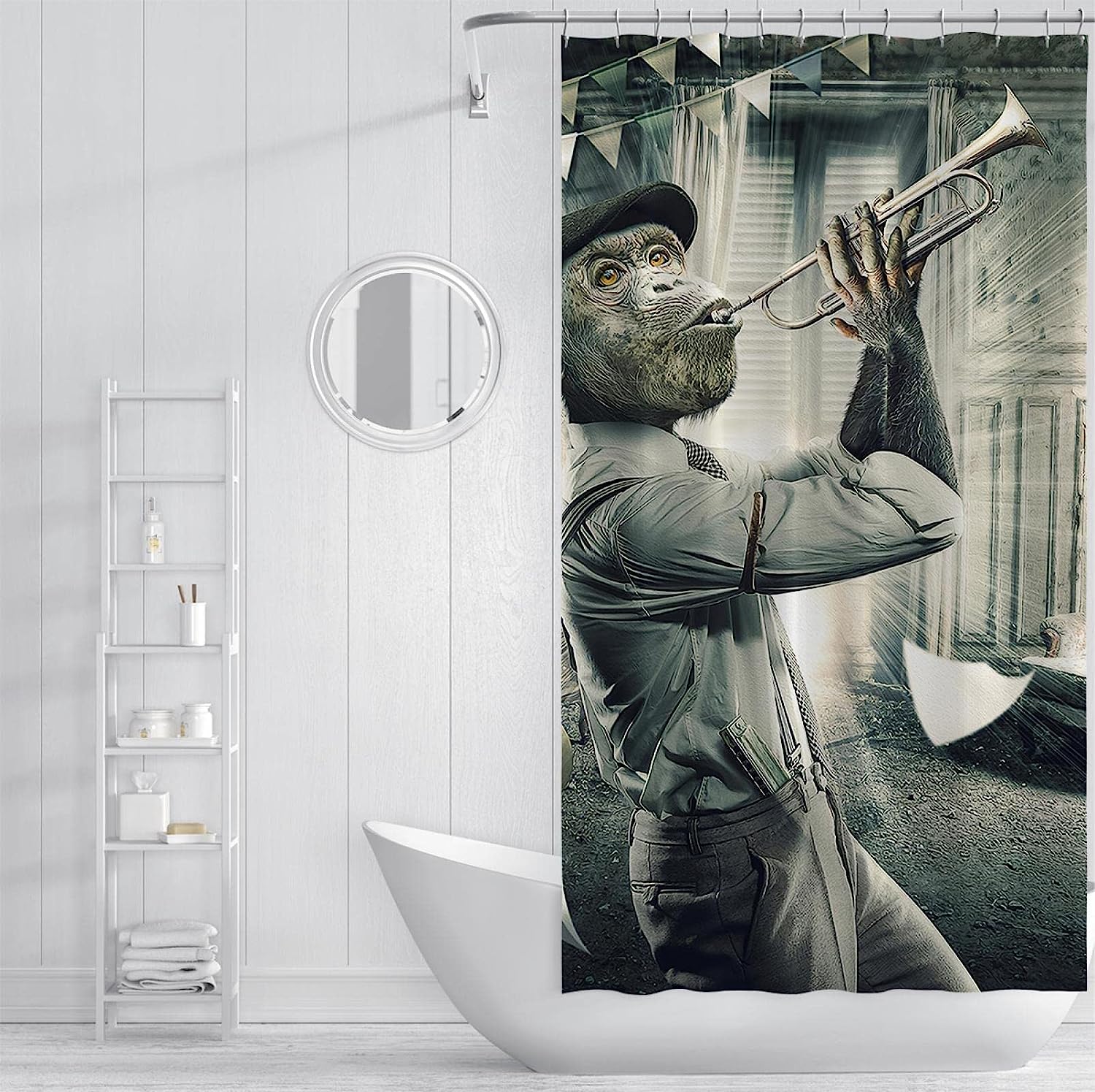 Cute Monkey Playing Instrument Shower Curtain For Kids' Bathrooms - Image 3