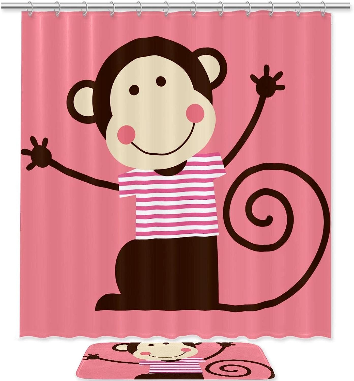 Cute Monkey Shower Curtain Pink With Waterproof Fabric, Animal Bathroom Decor