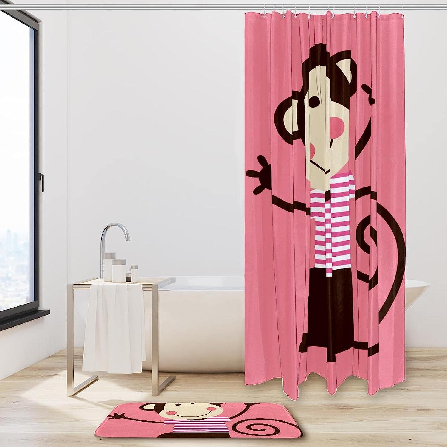 Cute Monkey Shower Curtain Pink With Waterproof Fabric, Animal Bathroom Decor - Image 2