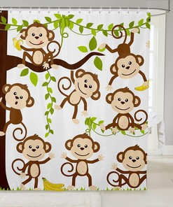 Cute Monkey Shower Curtain for Cartoon Brown Wild Animals Bathroom- Waterproof and Nature-themed Bathroom