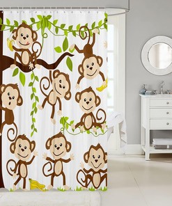 Cute Monkey Shower Curtain for Cartoon Brown Wild Animals Bathroom- Waterproof and Nature-themed Bathroom