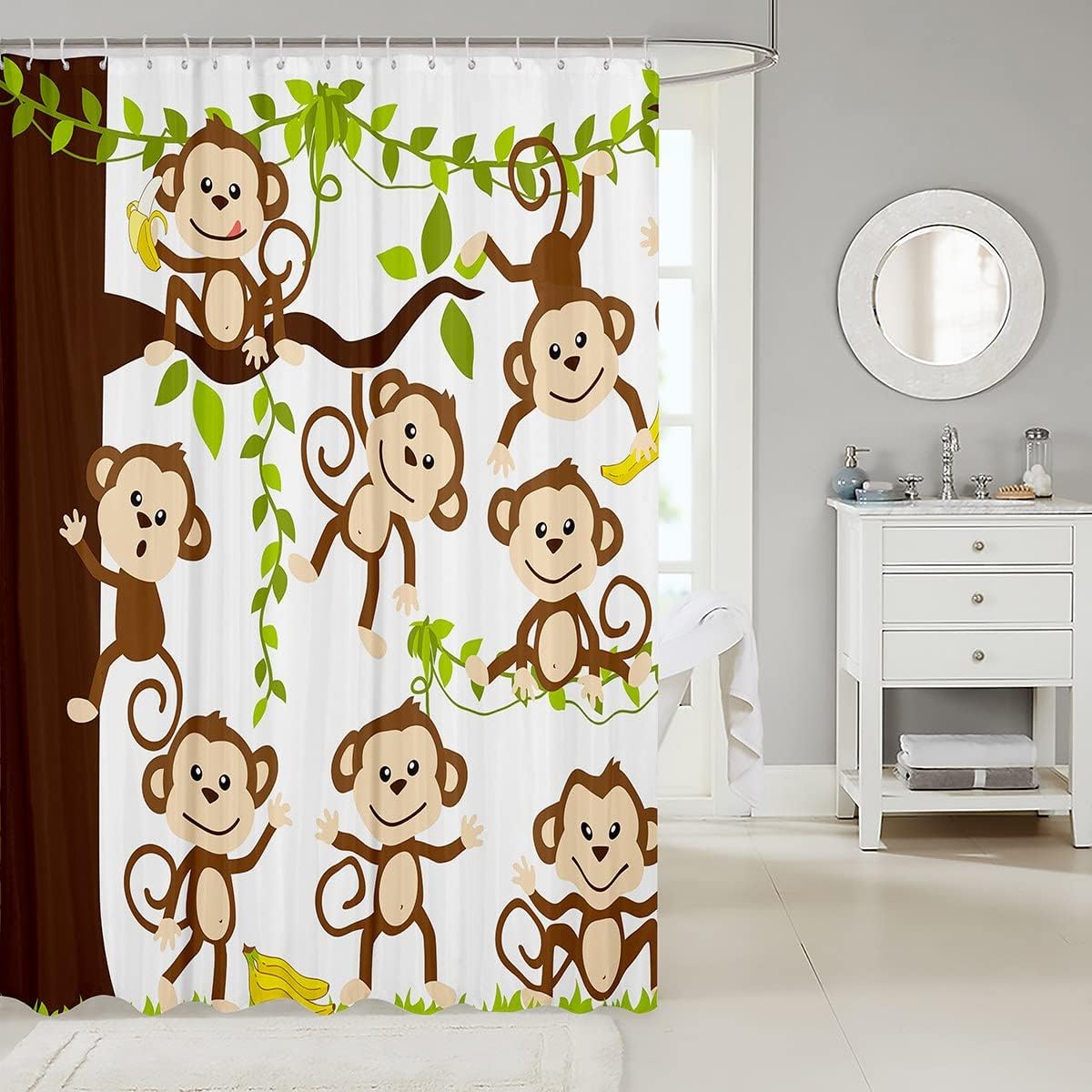 Cute Monkey Shower Curtain for Cartoon Brown Wild Animals Bathroom- Waterproof and Nature-themed Bathroom