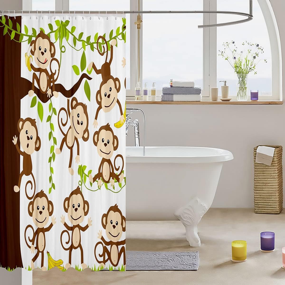 Cute Monkey Shower Curtain for Cartoon Brown Wild Animals Bathroom- Waterproof and Nature-themed Bathroom