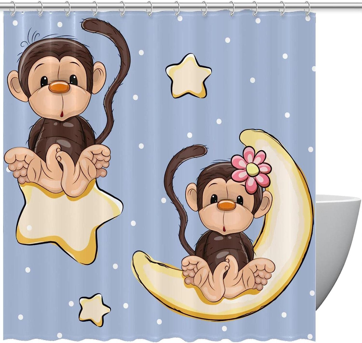 Cute Monkey With Stars Moon Waterproof Shower Curtain For Fun And Playful Bathroom Decor
