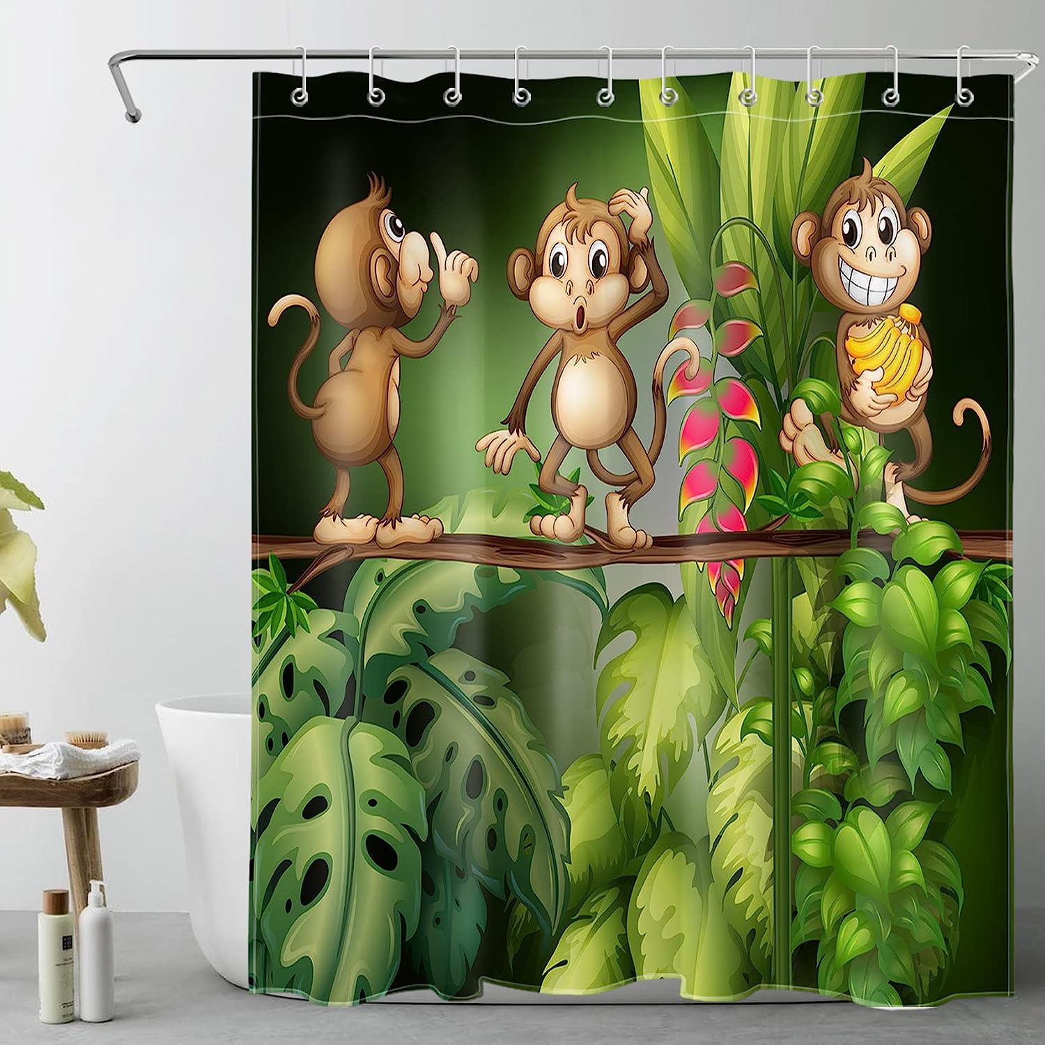 Cute Monkeys In The Jungle Nature Forest Bath Curtain Set Monkey Shower Curtain With Bathroom Shower Curtains