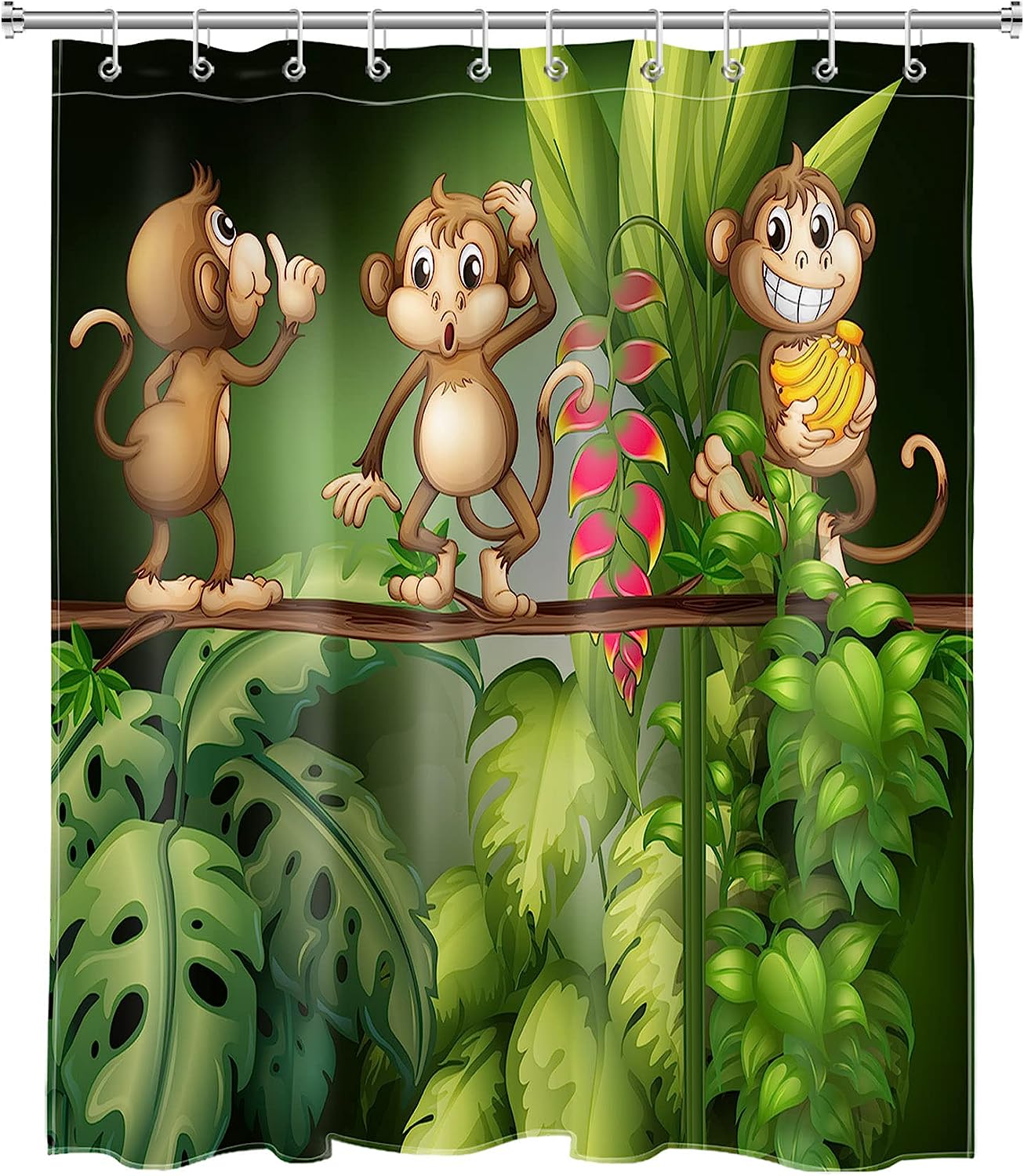 Cute Monkeys In The Jungle Nature Forest Bath Curtain Set Monkey Shower Curtain With Bathroom Shower Curtains