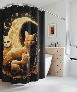 Cute Moon Cat Tag Shower Curtain- A Fun and Playful Addition to Any Bathroom Decor