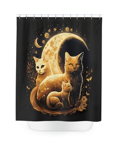 Cute Moon Cat Tag Shower Curtain- A Fun and Playful Addition to Any Bathroom Decor