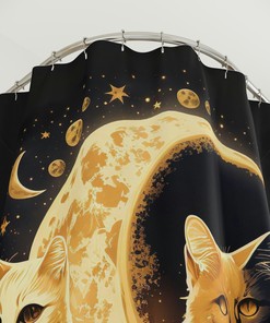 Cute Moon Cat Tag Shower Curtain- A Fun and Playful Addition to Any Bathroom Decor 