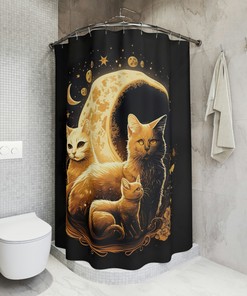 Cute Moon Cat Tag Shower Curtain- A Fun and Playful Addition to Any Bathroom Decor 