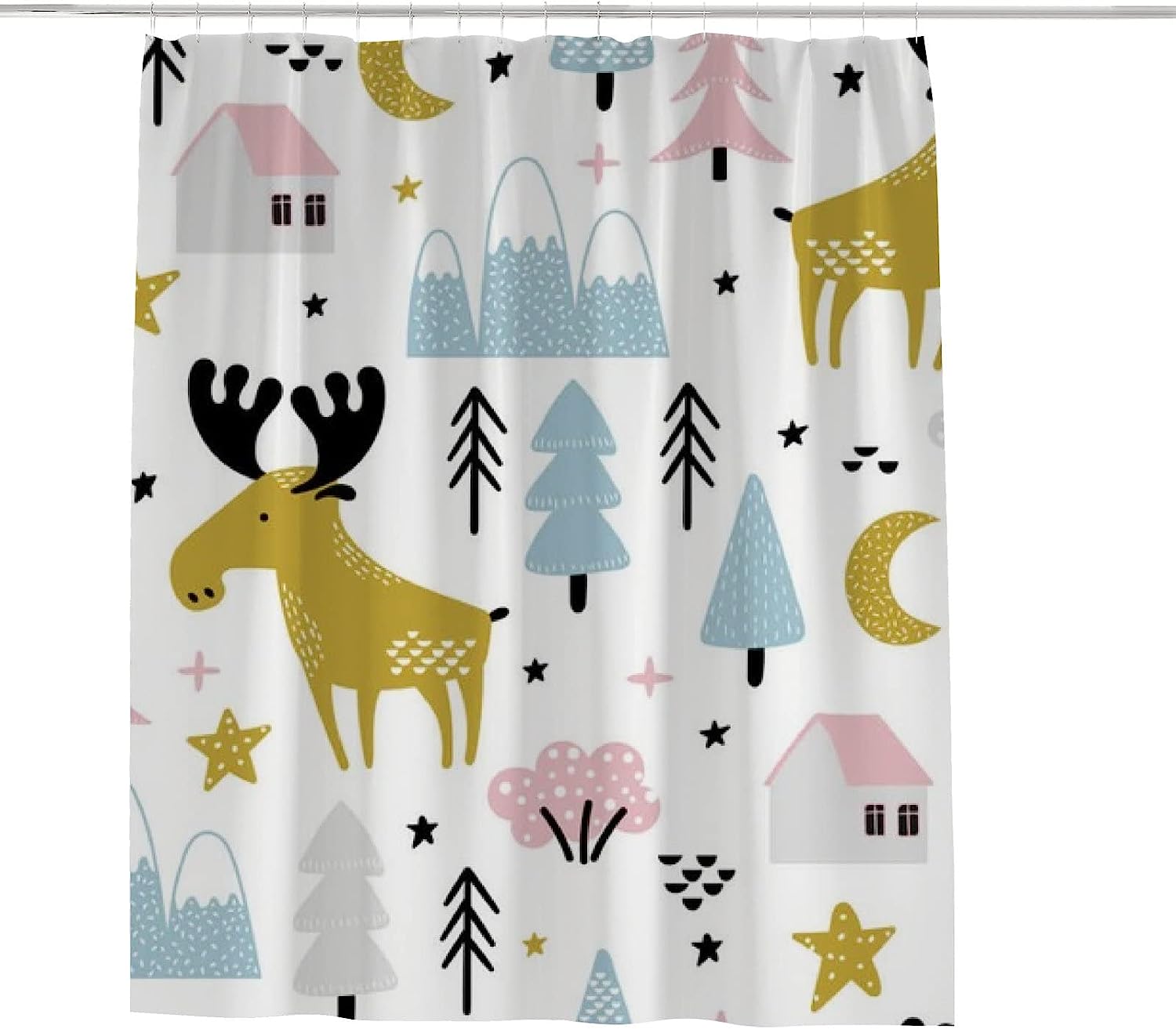 Cute Moose and Trees Shower Curtain for Rustic Bathroom Decor, 60x72