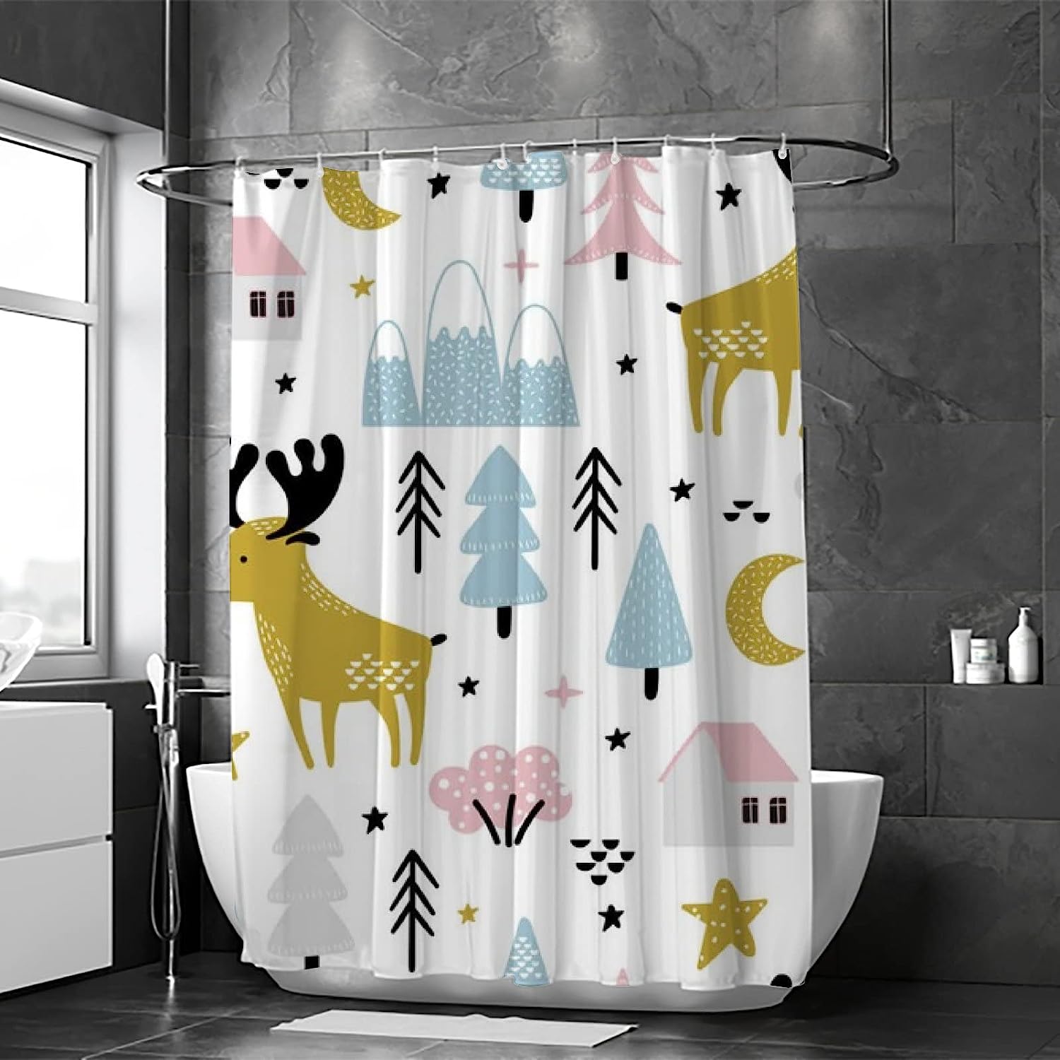 Cute Moose and Trees Shower Curtain for Rustic Bathroom Decor, 60x72